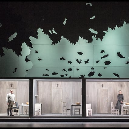 A scene from Leos Janacek’s Jenufa staged by the National Theatre Brno that may bring to mind a quarantine hotel, with its four identical rooms, each with a sole occupant who’s in pain. Photo: Patrik Borecky