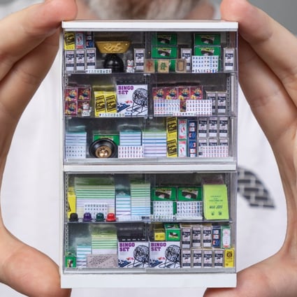 Detail from Joshua Smith’s model of Hong Kong shop Biu Kee Mahjong. The Australian makes most of his models using photos and Google Street View without ever seeing them in person. Photo: Andrew Beveridge
