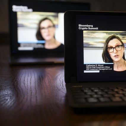 Catherine Wood, chief executive officer of ARK Investment Management LLC, speaking during the Bloomberg Crypto Summit on a laptop computer in Tiskilwa, Illinois on Thursday, February 25, 2021. Photo: Bloomberg
