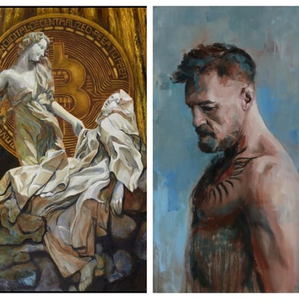 The Bitcoin Angel, now available as an NFT “open edition”, and an oil canvas of UFC fighter Conor McGregor – two digital artworks released on sale by Trevor Jones. Photo: Trevor Jones
