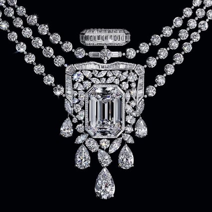 Chanel’s 55.55 high jewellery necklace. The shape of the remarkable 55.55-carat diamond at the centre reflects the octagonal stopper of the iconic Chanel N°5 perfume bottle. Photo: Chanel