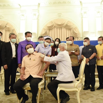 Thai Prime Minister Prayuth Chan-ocha receives his AstraZeneca vaccine at government house in Bangkok, on March 16, after a delay due to blood clot fears. Photo: Government Spokesman Office via AP