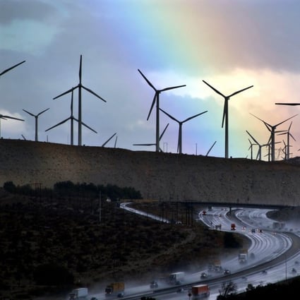 Giant windmills near America’s Interstate 10 in Palm Springs, California. Solar and wind power continued to surge even as global GDP shrank 5 per cent in 2020. Photo: Getty Images