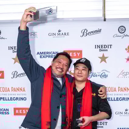 Danny Yip, owner of The Chairman, celebrates with its chef de cuisine Kwok Keung Tung after the Cantonese restaurant was named No 1 on the Asia’s 50 Best Restaurants list for 2021. It is the first Chinese-cuisine restaurant to take top spot since the rankings were launched in 2013. Photo: Lily Yu/Asia’s 50 Best Restaurants