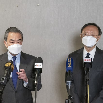 Foreign minister Wang Yi (left) and foreign policy chief Yang Jiechi speak to the media following the end of the meeting with the United States in Anchorage, Alaska, on March 19. Photo: Xinhua