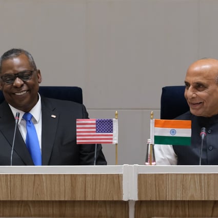 US Secretary of Defence Lloyd Austin, left, meets with his Indian counterpart Rajnath Singh on March 20. Photo: Bloomberg