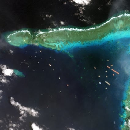 Satellite imagery showing Chinese vessels anchored in lines at Whitsun Reef. Photo: EPA-EFE
