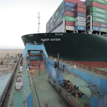 The Ever Given container ship which ran aground in the Suez Canal, Egypt. Photo: EPA-EFE / Suez Canal Authority