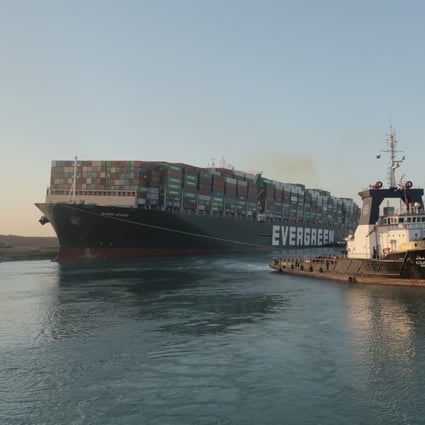 The ultra-large container ship Ever Given has been partially freed from the banks of the Suez Canal after a five-day salvage effort. Photo: Reuters