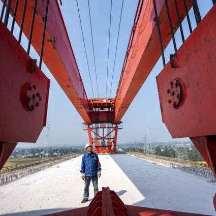 A worker monitors construction of the Baquhe bridge along the Changde-Yiyang-Changsha railway in Hunan on October 11, 2020. The line is an important part of China’s high-speed railway network. Photo: Xinhua