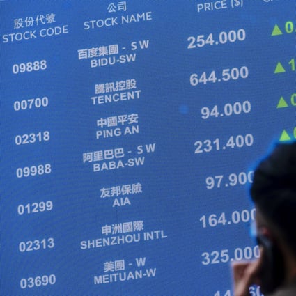 An electronic board showing Hong Kong-listed share prices near the Exchange Square in Central on March 23. Photo: Bloomberg