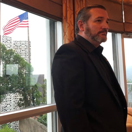 US Senator Ted Cruz speaks to reporters at the US Consul-General’s House in Hong Kong on October 12, 2019. Cruz said he wore black to show support to pro-democracy protesters in the city. Photo: Reuters
