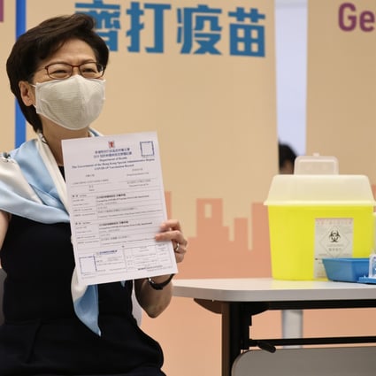 Hong Kong Chief Executive Carrie Lam Cheng Yuet-ngor receives her second vaccination dose at the government headquarters in Admiralty on March 22. Photo: K.Y. Cheng