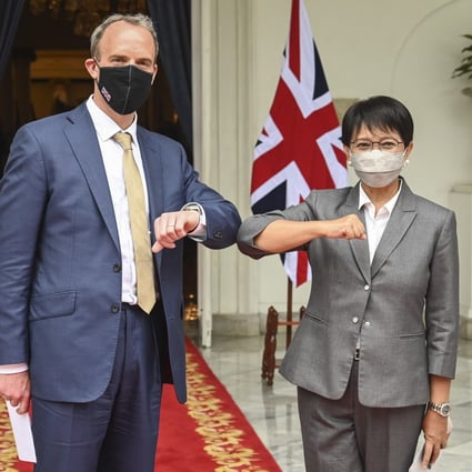 British Foreign Secretary Dominic Raab and his Indonesian counterpart, Retno Marsudi, meet in Jakarta. Photo: Indonesian Ministry of Foreign Affairs/EPA-EFE