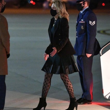 Jill Biden at Andrews Air Force Base in Maryland on April 1. The wife of US President Joe Biden has sparked an online debate over her patterned tights. Photo: AFP