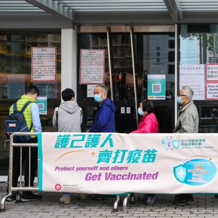 People queue to get the Sinovac vaccine at Tin Fai Road Sports Centre in Tin Shui Wai. Photo: K.Y. Cheng