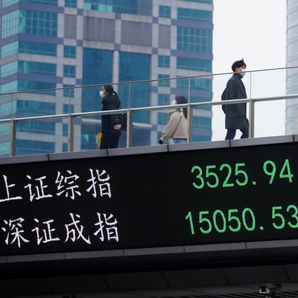 Pedestrians on an overpass with an electronic board showing Shanghai and Shenzhen stock indexes at the Lujiazui financial district in Shanghai on January 6, 2021. Photo: Reuters