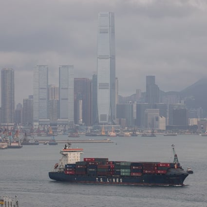 A container ship sails out of Hong Kong’s Kwai Tsing Terminals in March. Photo: EPA