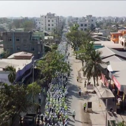 A still from drone footage of protesters in Mandalay on March 5 posted by rights group Burma Campaign UK. Photo: Facebook