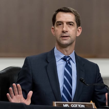 US Senator Tom Cotton of Arkansas, seen here on March 25, has called for additional restriction on China’s access to American technology by requiring companies to a license to export electronic design automation chip-making tools. Photo: EPA-EFE