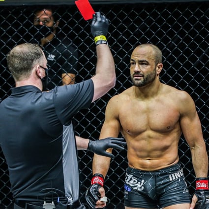 Eddie Alvarez is shown a red card after a disqualification against Iuri Lapicus at ONE on TNT 1. Photos: ONE Championship