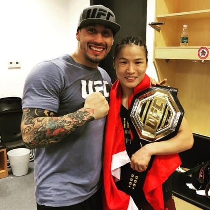 Ruben Payan Jnr (left) with UFC strawweight champ Zhang Weili after she won the title from Jessica Andrade in Shenzhen. Photos: Handout