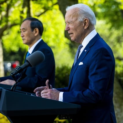 Prime Minister of Japan Yoshihide Suga and US President Joe Biden during a joint news conference at the White House in Washington on Friday. Photo: EPA-EFE