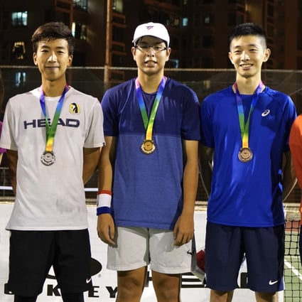 Vincent Chau, Etienne Lee and Martin Ng, winged by tournament director Venise Chan and ambassador Cindy Lee, are the winners from the inaugural Hong Kong Open Pickleball Championships. Photo: Kenneth Tjon