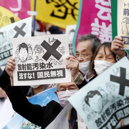People rally in front of the prime minister’s office in Tokyo this month against the Japanese government’s decision to release treated radioactive water from the crippled Fukushima Daiichi nuclear power plant into the sea. Photo: Kyodo