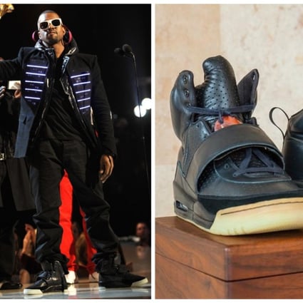 Kanye West at the Grammy awards in 2008, and his pair of Nike Air Yeezy 1 prototypes. Photos: @PhotosOfKanye/Twitter, Sotheby’s