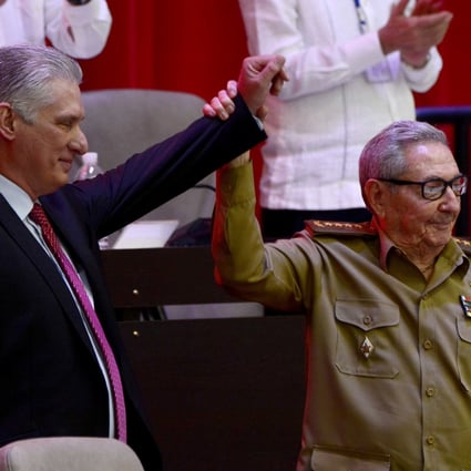 Cuba’s President and newly elected First Secretary of the Communist Party Miguel Diaz-Canel, left, and former Cuban President Raul Castro in Havana, Cuba, on Monday. Photo: ACN via Reuters 