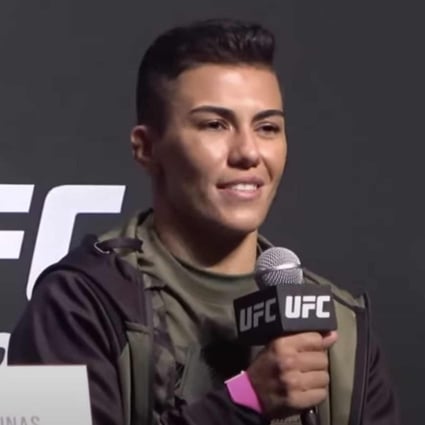 Jessica Andrade speaks to the media at the UFC 261 press conference in Jacksonville, Florida. Photo: Drake Riggs