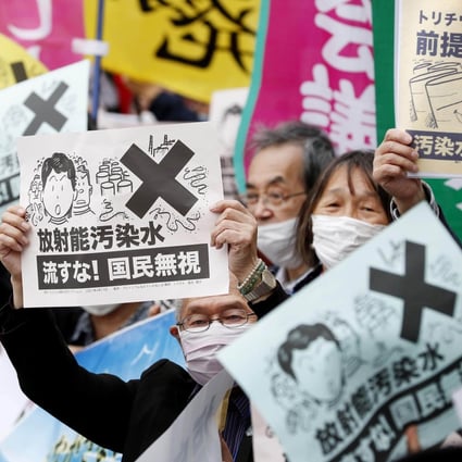 People rally in front of the prime minister’s office in Tokyo on April 13, protesting the Japanese government’s decision to release treated radioactive water from the crippled Fukushima Daiichi nuclear power plant into the sea. Photo: Kyodo