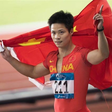 Chinese sprinter Su Bingtian after winning the 100 metres at the 2018 Asian Games. Photo: Handout