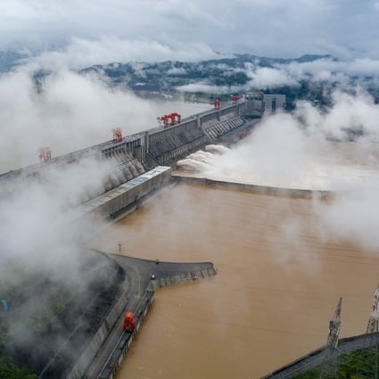 Aerial photo of the Three Gorges Dam opening the floodgates to discharge the floodwater on the Yangtze River in central China’s Hubei Province on July 18, 2020. Photo: Xinhua
