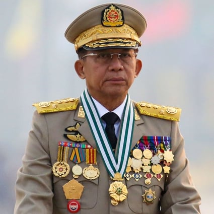 Myanmar junta chief Senior General Min Aung Hlaing presides over an army parade on Armed Forces Day in Naypyitaw on March 27. Photo: Reuters