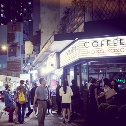 Still buzzing after dark: outside the original Winstons Coffee branch in Sai Ying Pun. Photo: Winstons Coffee