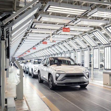 Nio’s electric vehicles rolling off the production line in the Anhui provincial capital of Hefei in eastern China on Wednesday, April 7, 2021. Photo: Bloomberg