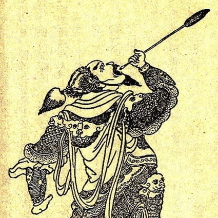 A Qing dynasty illustration of Chinese general Xiahou Dun swallowing his eyeball after it was shot by an arrow during battle.