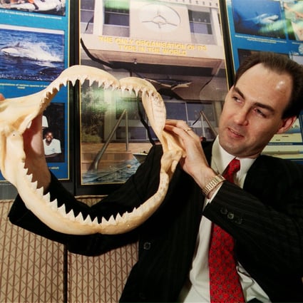 South African consul-general Michael Farr holding shark jaws at the centre of the Natal Sharks Board. The Board’s nets are used in Hong Kong to keep sharks away. Photo: CWH
