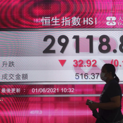 A woman walks past a bank’s electronic board showing the Hang Seng Index on June 1, 2021. Photo: AP