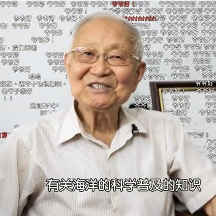 Marine geologist Wang Pinxian, 85, is seen with viewers’ bullet comments on the background of one of his posts on Chinese social video-sharing platform Bilibili. Photo: Handout