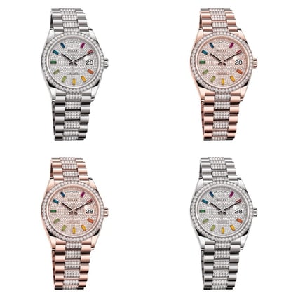 The Rolex Day-Date 36 has a diamond-paved dial, with 10 fancy-coloured sapphires as hour markers. Whether it’s for Pride Month or just to add a little colour on your wrist, rainbow watches are very popular.