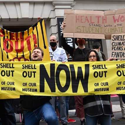Climate change protesters demonstrate outside the Science Museum in London on June 20. Protesters were angered by the museum’s decision to accept sponsorship from fossil fuel giant Shell.  Photo: EPA-EFE