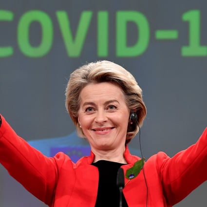 European Commission President Ursula von der Leyen gestures during a press conference following a college meeting to introduce draft legislation on a common EU Covid-19 vaccination certificate at the EU headquarters in Brussels, Belgium, on March 17. Photo: Reuters
