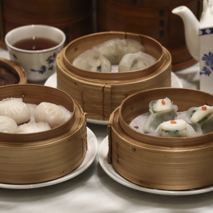 (From left) steamed shrimp dumplings, vegetable dumplings and phoenix eye dumplings at dim sum restaurant House of Orient in Central. Photo: Jonathan Wong