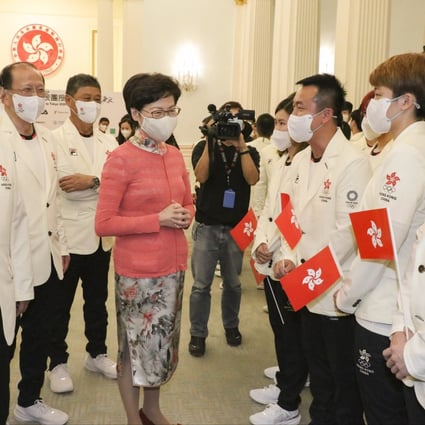 Chief Executive Carrie Lam attends a flag presentation ceremony for the Hong Kong delegation to Tokyo Olympics at Government House on July 8. 
Photo: Pool Picture