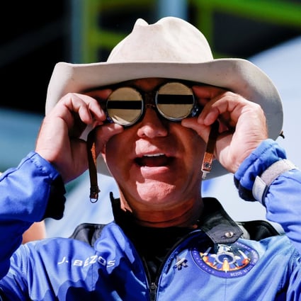 Billionaire American businessman Jeff Bezos wears goggles owned by Amelia Earhart, which he carried into space, at a post-launch press conference after he flew on Blue Origin’s inaugural flight to the edge of space, in the town of Van Horn, Texas, on July 20.   Photo: Reuters