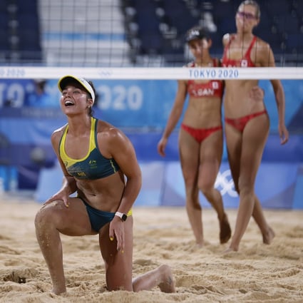 Mariafe Artacho del Solar of Australia reacts after winning the match against Canada at the Tokyo 2020 Olympic Games – which is under fire for its women’s uniform rules. Photo: Reuters