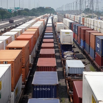 Shipping containers sit in a rail yard, in Chicago, Illinois, on July 28. Bottlenecks are occurring at shipping centres across the US, contributing to a shortage of goods. Photo: Getty Images / AFP
